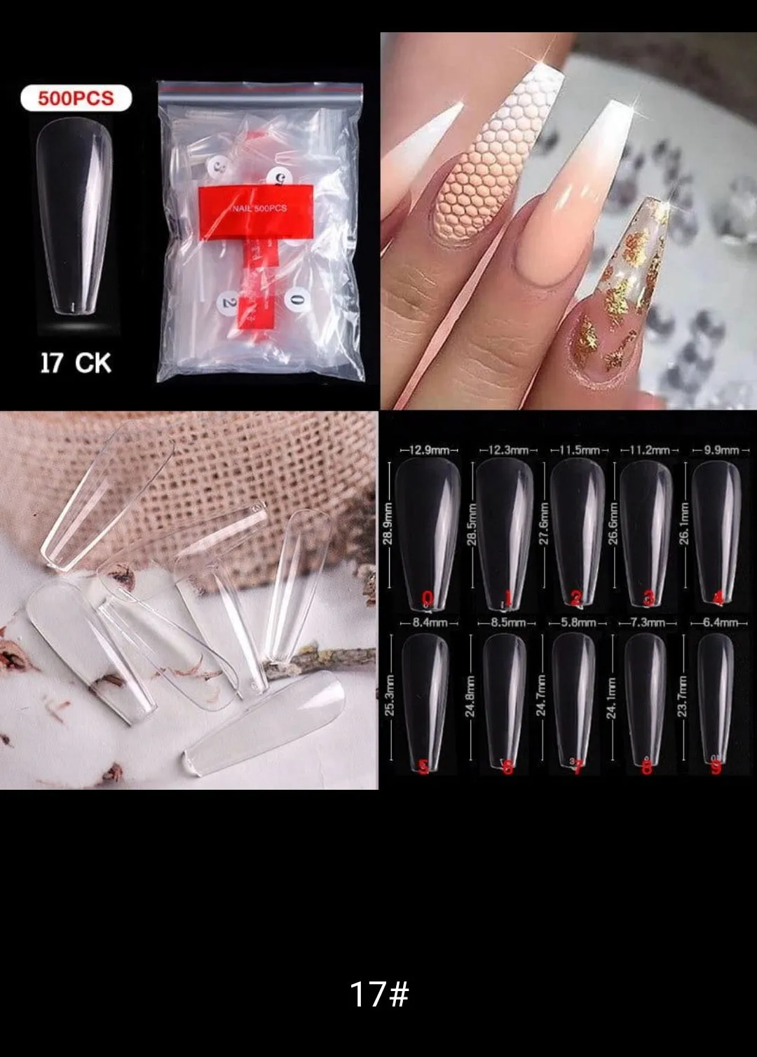 500pcs (10 Sizes x 50 pcs) Long Coffin Stiletto French Fake Nails Clear Half Full Cover Artificial False Nail Art Tips Capsule for Extension