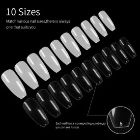 500pcs (10 Sizes x 50 pcs) Long Coffin Stiletto French Fake Nails Clear Half Full Cover Artificial False Nail Art Tips Capsule for Extension