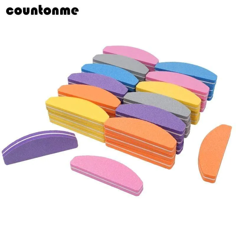 50Pcs Mini Nail Files Sponge multicolor Nail Buffer 100/180 Half Moon Sandpaper Polisher Manicure Glitter Salon Nail Art Tools