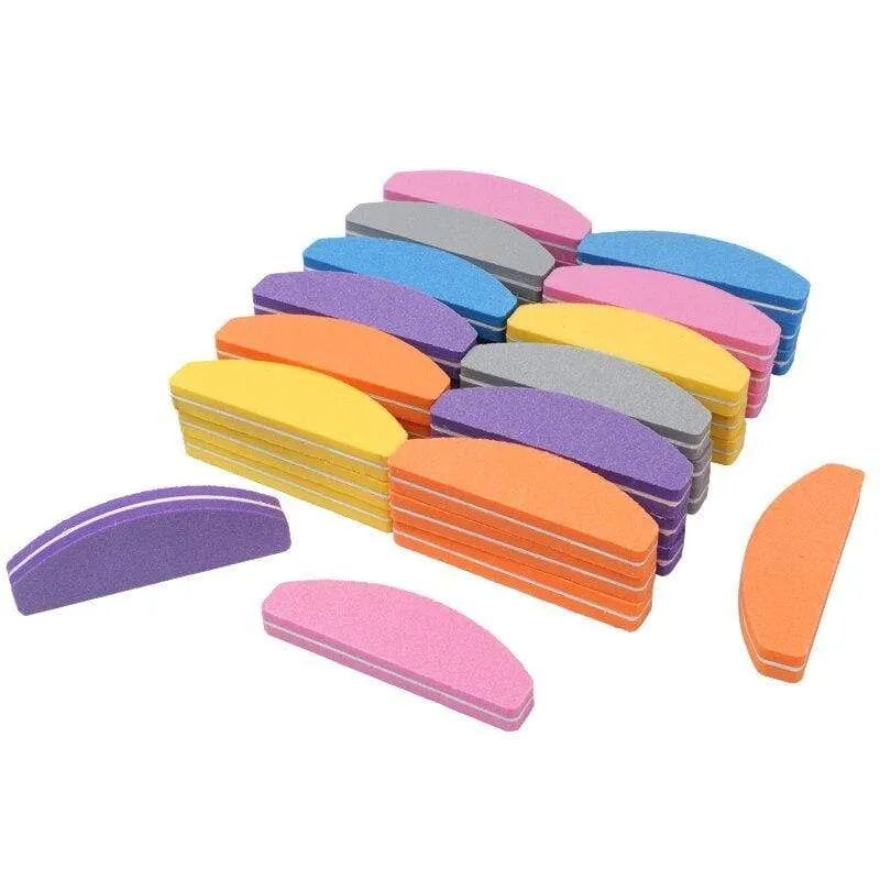 50Pcs Mini Nail Files Sponge multicolor Nail Buffer 100/180 Half Moon Sandpaper Polisher Manicure Glitter Salon Nail Art Tools