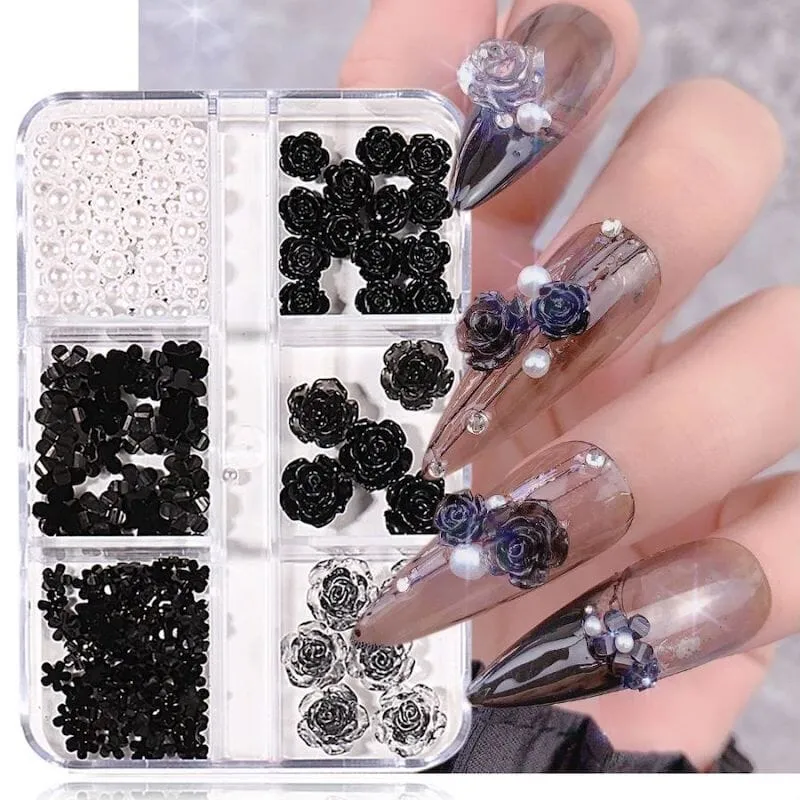 Black Rose Flowers Nail Art Decoration (6-Grid Tray)