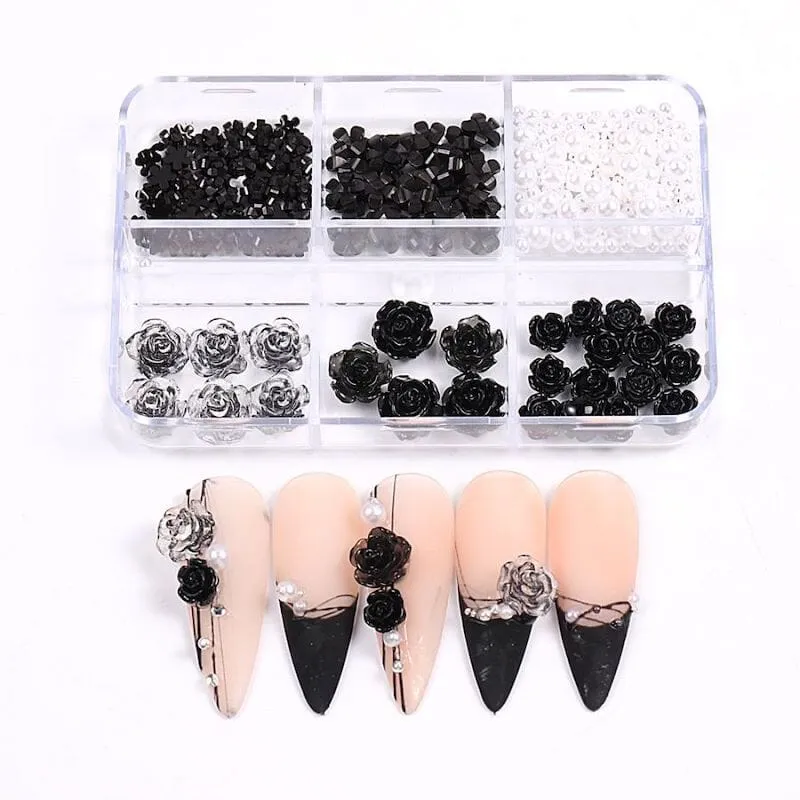 Black Rose Flowers Nail Art Decoration (6-Grid Tray)