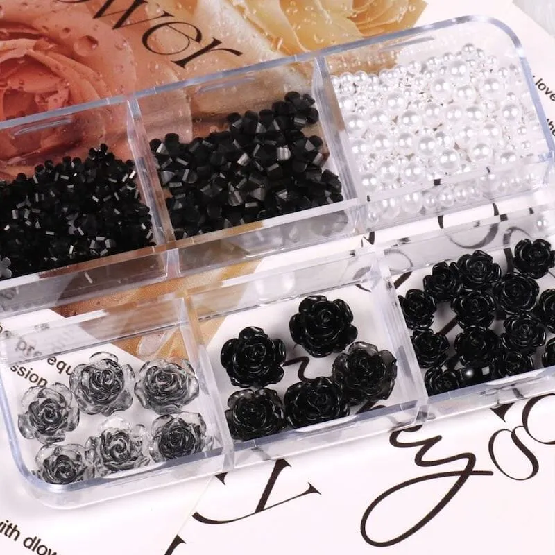 Black Rose Flowers Nail Art Decoration (6-Grid Tray)