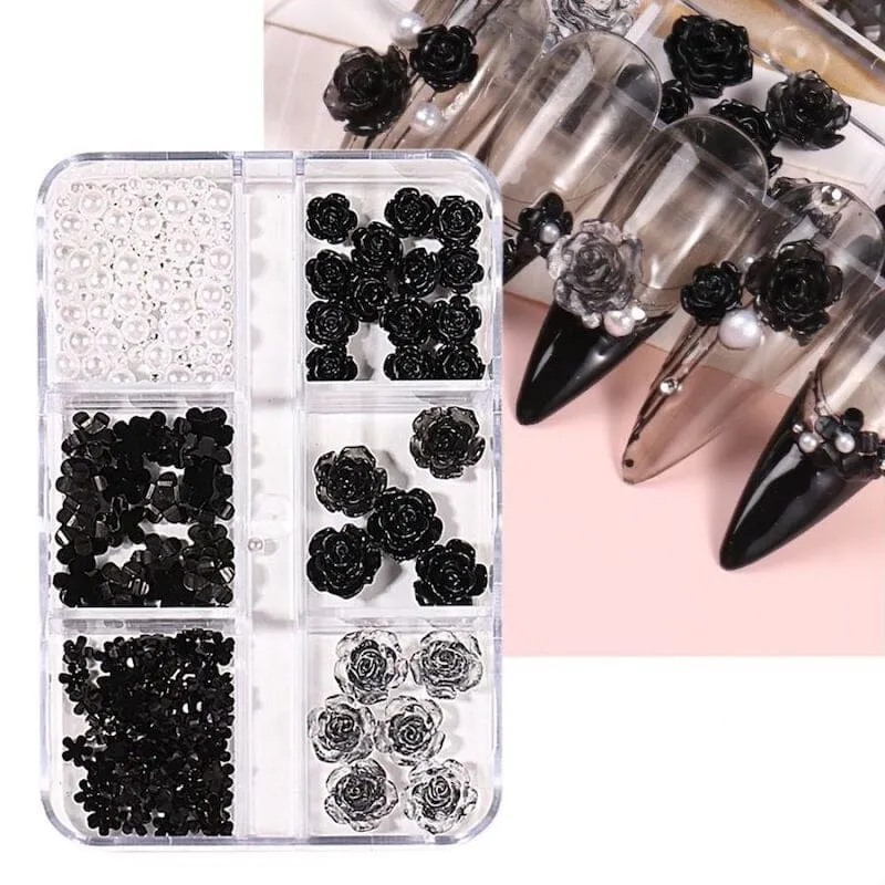 Black Rose Flowers Nail Art Decoration (6-Grid Tray)