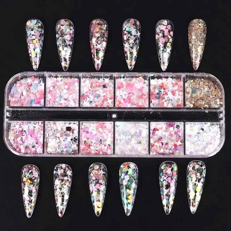 Colourful Holographic Nail Glitter Tray Pink Series