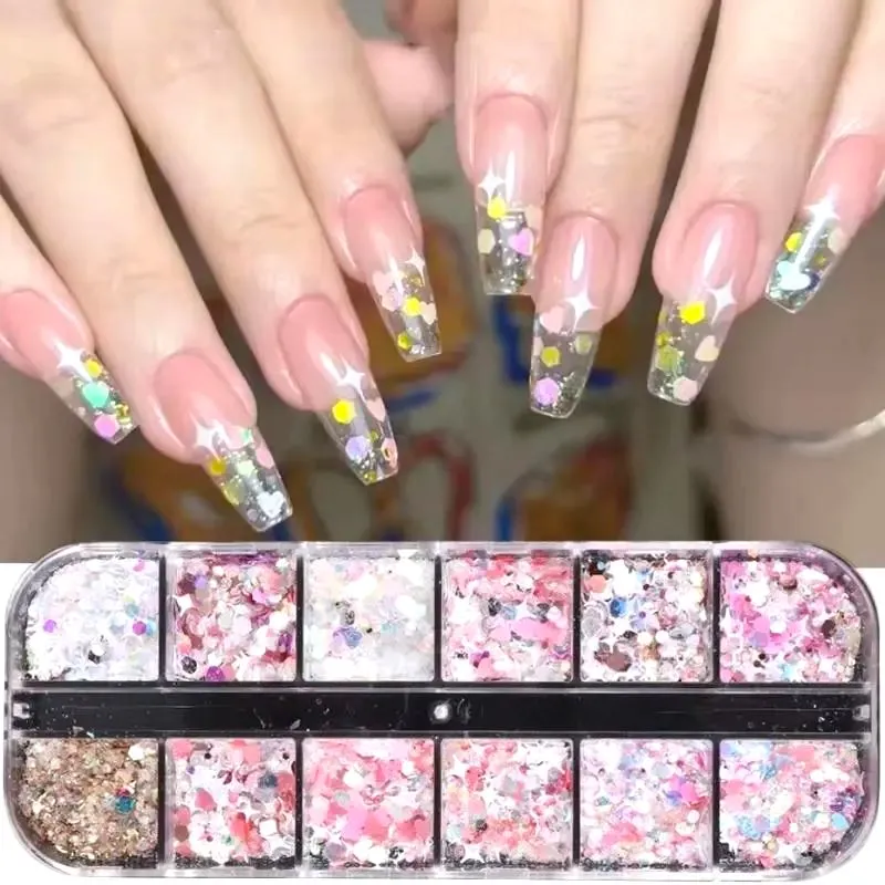 Colourful Holographic Nail Glitter Tray Pink Series