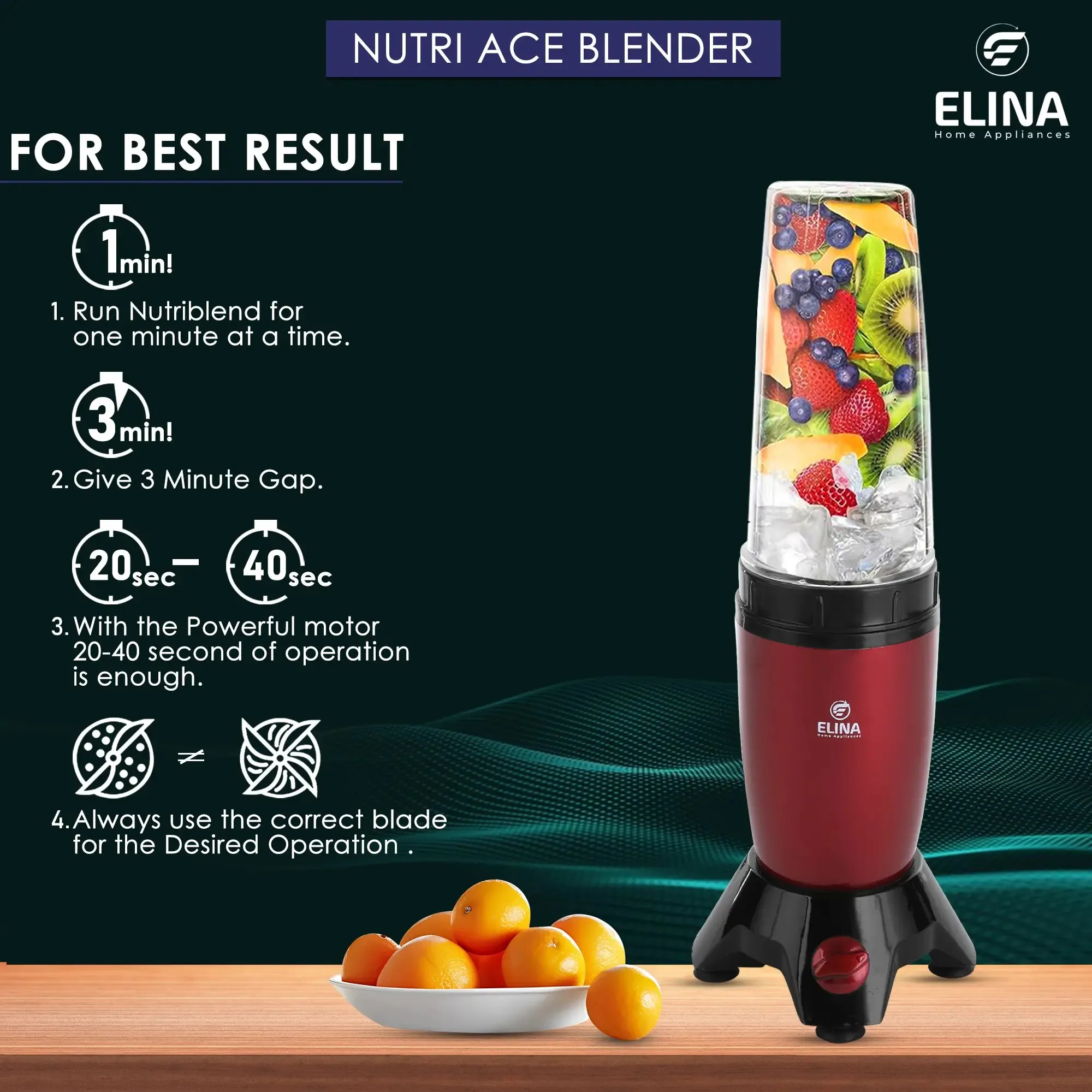 Elina Nutri Ace Diamond Mixer Grinder Blender, 400-watt, 2 Transparent Jars, Knob, Victoria Red