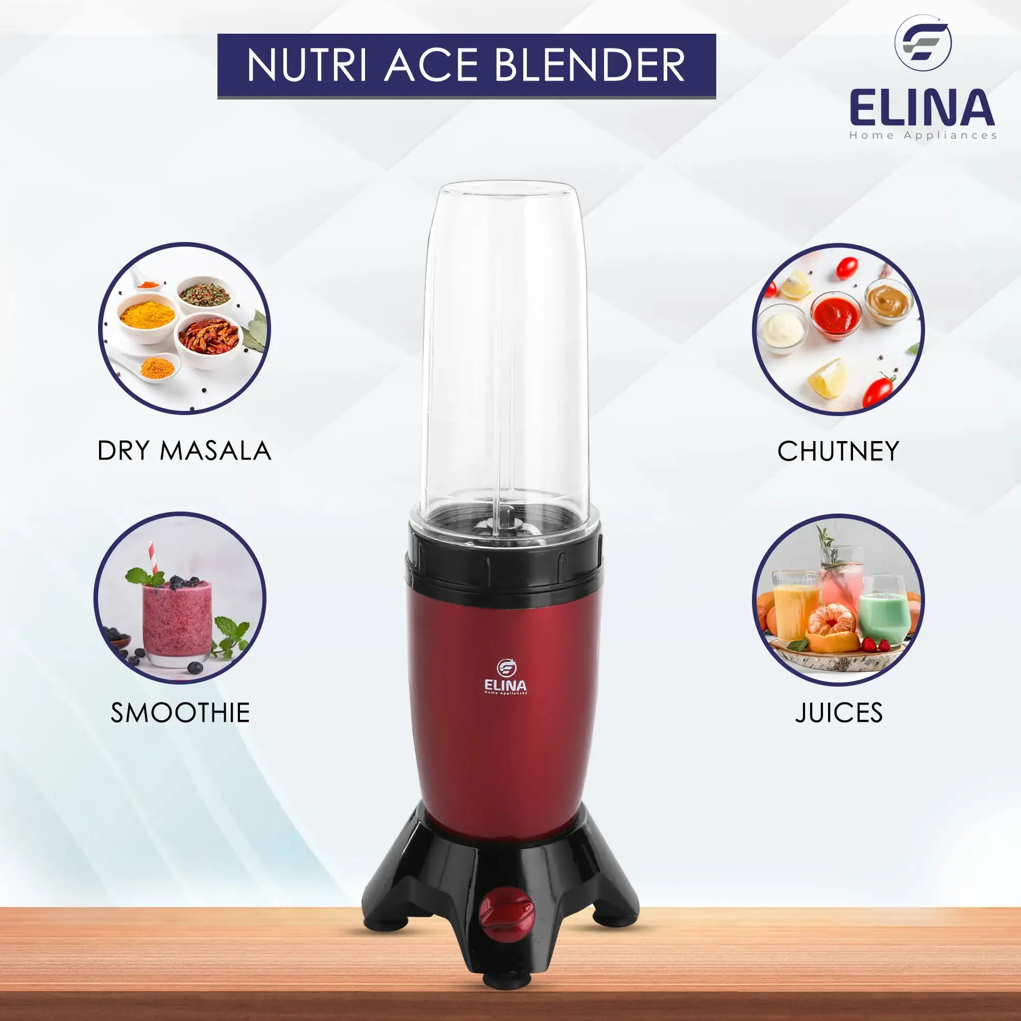 Elina Nutri Ace Diamond Mixer Grinder Blender, 400-watt, 2 Transparent Jars, Knob, Victoria Red