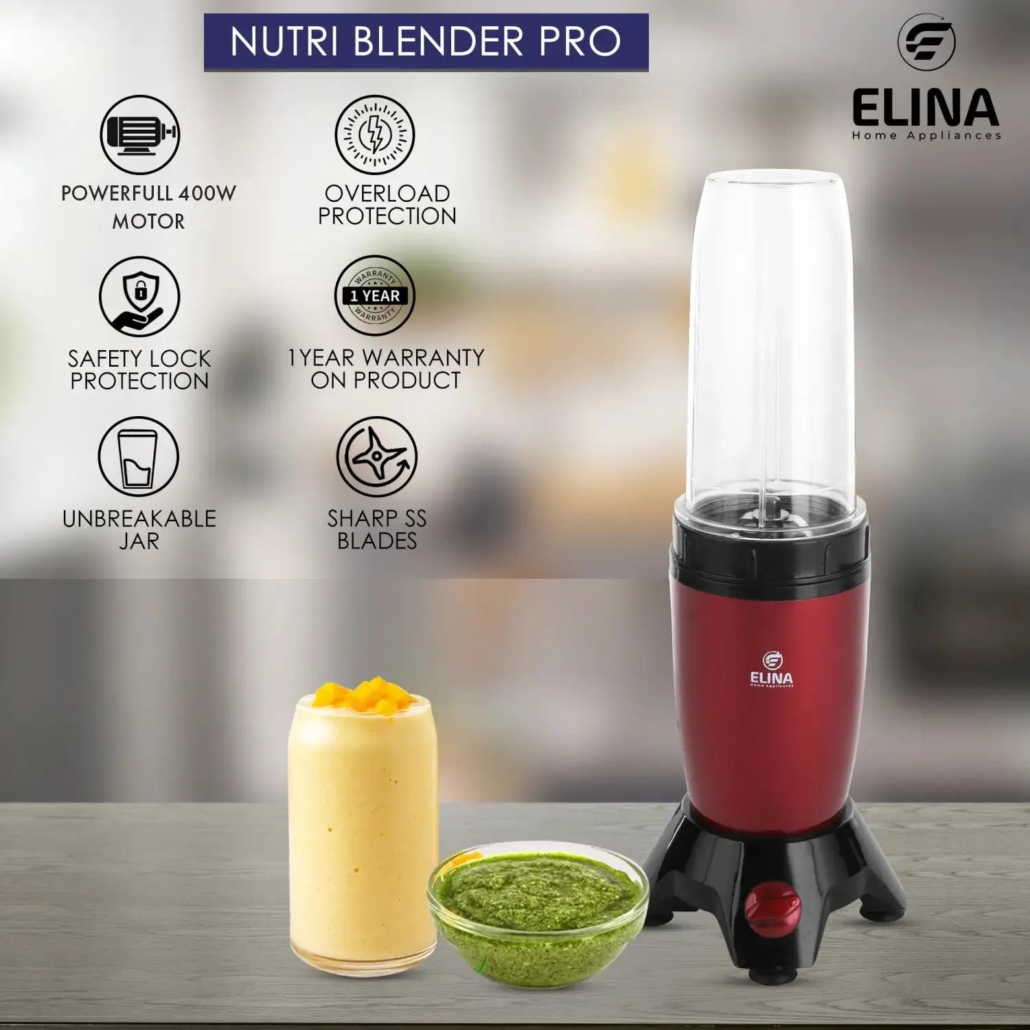 Elina Nutri Ace Diamond Mixer Grinder Blender, 400-watt, 2 Transparent Jars, Knob, Victoria Red