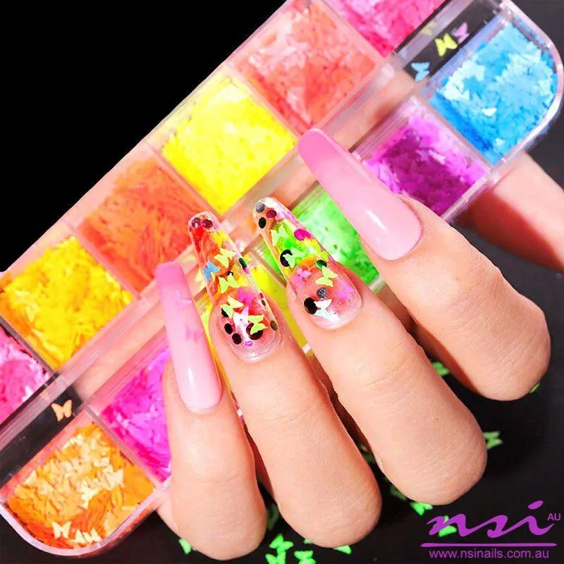 Fluorescent Butterfly 3D Nail Art Decoration Tray 12 Colours