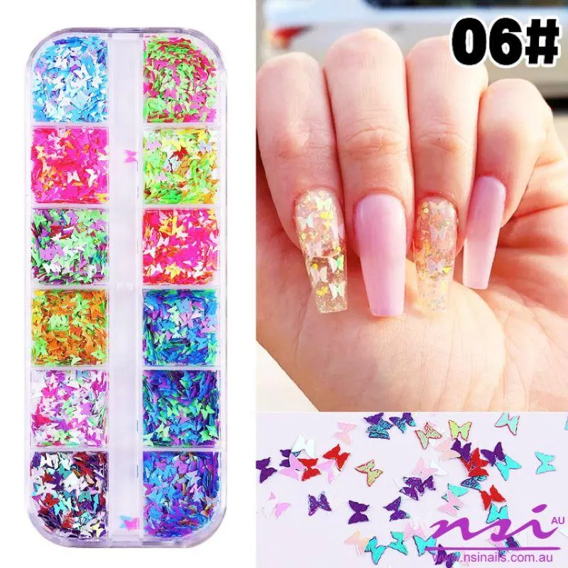 Fluorescent Butterfly 3D Nail Art Decoration Tray 12 Colours