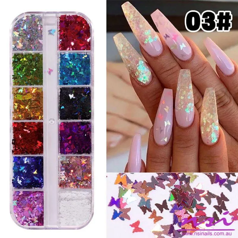 Fluorescent Butterfly 3D Nail Art Decoration Tray 12 Colours