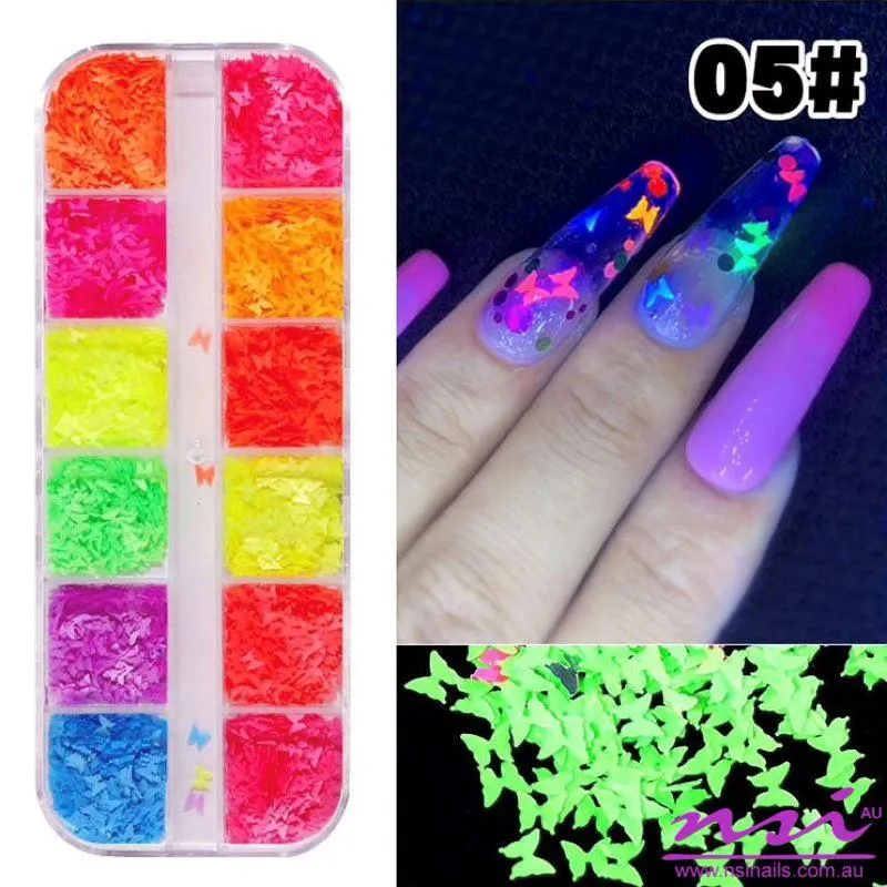 Fluorescent Butterfly 3D Nail Art Decoration Tray 12 Colours