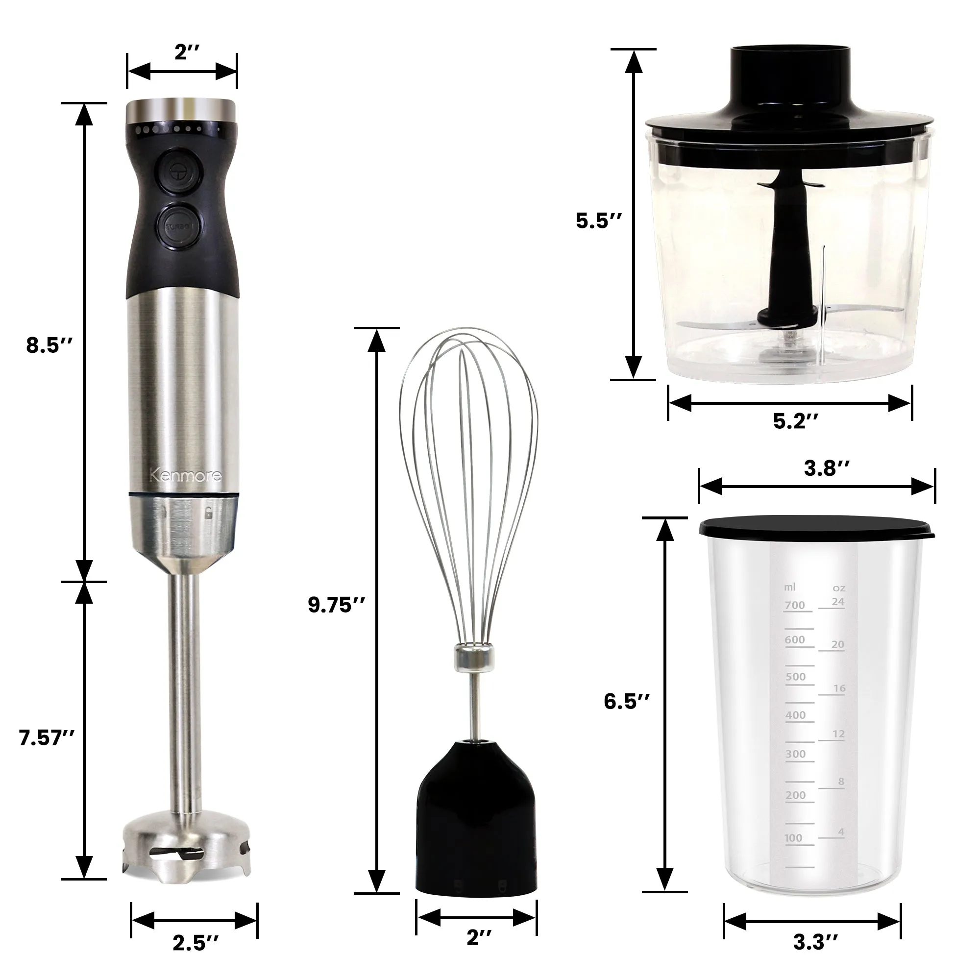 Kenmore Immersion 400W Hand Blender, Variable Speed Blender, Handheld Blending Stick, Food Chopper, Whisk, 700mL Beaker and Lid, Stainless Steel Quad Blade Hand Blender, Black and Silver