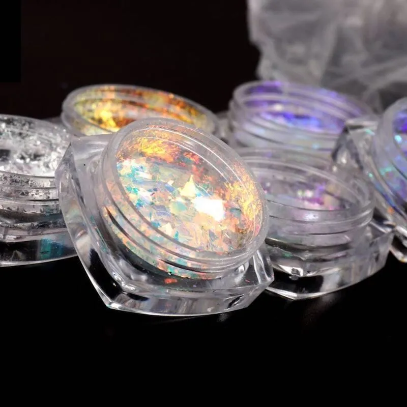 Opal Aurora Iridescent Nail Art Flakes - Set 6pcs Jar