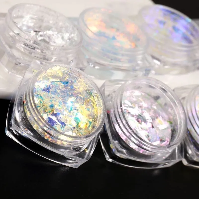 Opal Aurora Iridescent Nail Art Flakes - Set 6pcs Jar