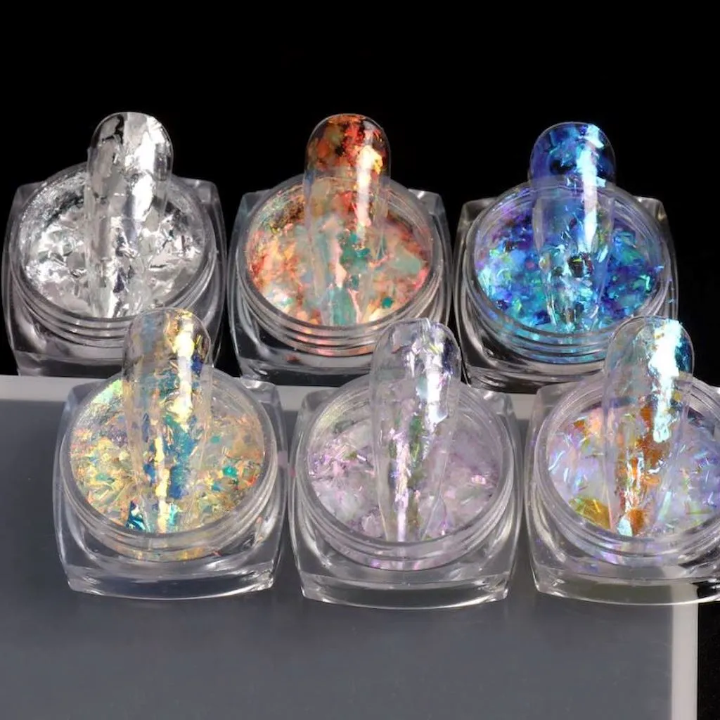 Opal Aurora Iridescent Nail Art Flakes - Set 6pcs Jar