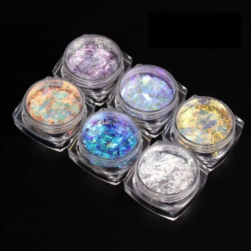 Opal Aurora Iridescent Nail Art Flakes - Set 6pcs Jar